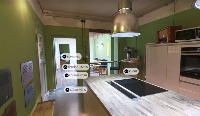 Link zur 360° Aufnahme der kleinen Küche und Lounge im KrämerLoft Erfurt